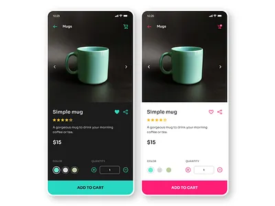 DailyUI #012 - E-commerce shop (single item) 012 carousel cart dailyui dailyui012 ecommerce heart icon minimal mobile mug pink turquoise ui ux