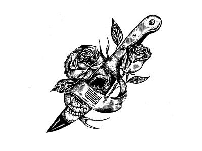 Knife Illustration / Tattoo Design with roses black art blackwork custom art dagger design dotwork etching illustration ink inktober knife original art pen ink pen and ink roses skull skull logo stippling tattoo art tattoo design