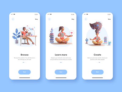 Daily UI #023 | Onboarding 3d 3d illustration app app design blue daily ui 23 dailyui dailyui 023 dailyuichallenge girl illustration onboarding onboarding screens onboarding ui walkthrough