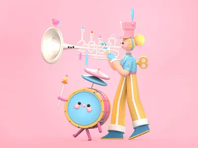 Happy New Year 2021 3d 3d art 3d artist band character colors dribbble best shot drums happy new year illustration illustration art kawai kawaii kawaii art love music trumpet ui ui ux web