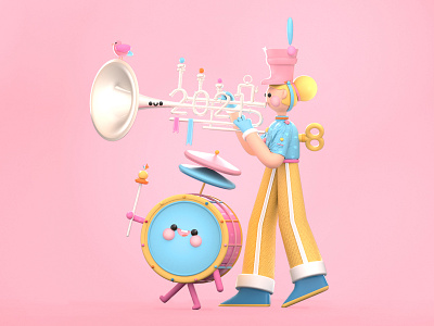 Happy New Year 2021 3d 3d art 3d artist band character colors dribbble best shot drums happy new year illustration illustration art kawai kawaii kawaii art love music trumpet ui ui ux web