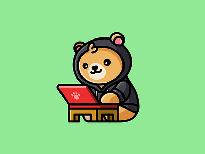 Bear Working on Laptop adorable baby bear cartoon character cool cute fun grizzly happy hoodie illustration kawaii laptop mascot modern playful simple smile working