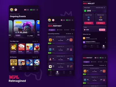 MPL Gaming App Re-Imagined app design design system game design gamer gaming app mpl steam stream ui design uiux website