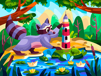 Toy lighthouse art artist artwork cartoon cartoon illustration coloringbook design digital digitalart illustration raccoon toy vector vector illustration vectorart water lilies