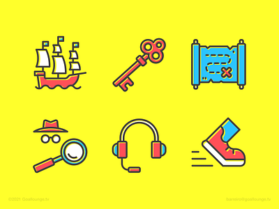 Adventure Games 🧭 adobe adventure app claudio barreiro design detective digital art digital illustration games goallounge tv headset hunt icons illustration key map ship shoes ui vector