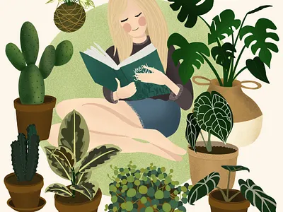 Girl in her urban jungle alocasia botanical art cactus cactus illustration digital drawing digital illustration drawing ficus tineke girl with plants houseplants illustration ipad air opuntia plant illustration plant love procreate procreate art urbanjungle