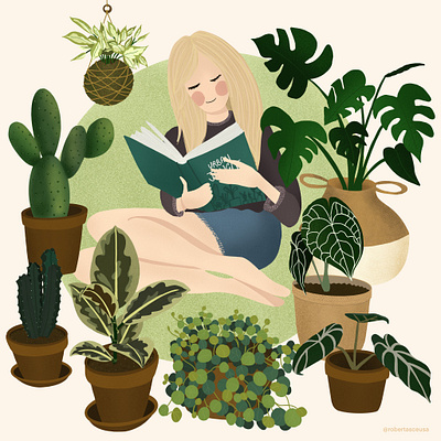 Girl in her urban jungle alocasia botanical art cactus cactus illustration digital drawing digital illustration drawing ficus tineke girl with plants houseplants illustration ipad air opuntia plant illustration plant love procreate procreate art urbanjungle