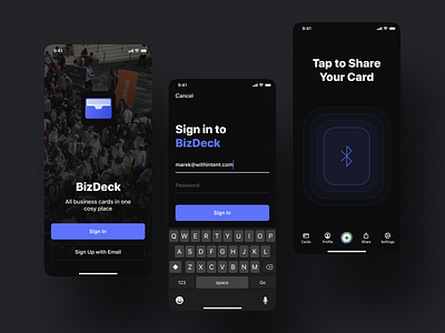 Bizdeck App business card figma interaction ios login mobile app scan sketch ui user flow ux visual design