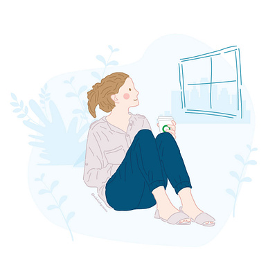 Woman drinking coffee looking out the window coffee coffee cup coffee shop cozy design flat illustration minimal starbucks vector vector art window winter woman woman illustration