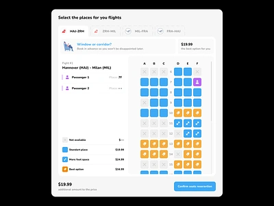 Plane Seat Reservation app booking dashboad design interface light ui passenger picker plane plane tickets reservation seat seats ticket train tickets trip ui ui component ui elements web design