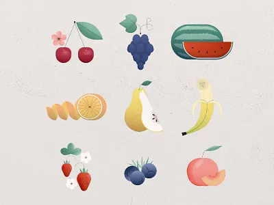 Fruit collections art banana behance branding cherry design grapes illustration orange peach people photoshop strawberry vector