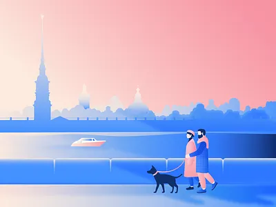 Saint Petersburg boat city illustration dog editorial illustration gradient illustration minimal people saint petersburg tourism walking