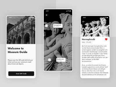 Virtual Museum Tour App art artwork black white card details flat design gallery guide museum pattern picture price profile tools tour tourism trending uiux white