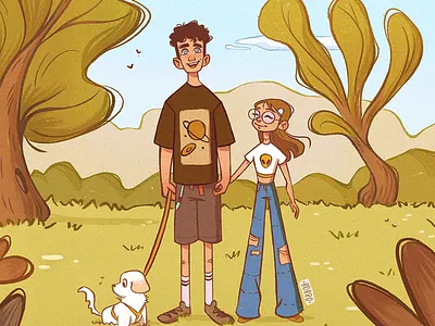 A walk in the park character character design concept art couplegoals digital art digital drawing digital illustration dog drawing girl illustration procreate puppy