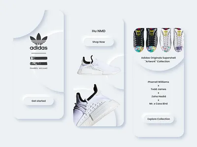 Adidas x Pharrell soft UI app adidas originals adobexd app design app landing page branding dailyui design landingpage minimalism mobile app design mobile landing page mobile ui neumorphism sneaker sneaker art soft ui uidesign uiuxdesign