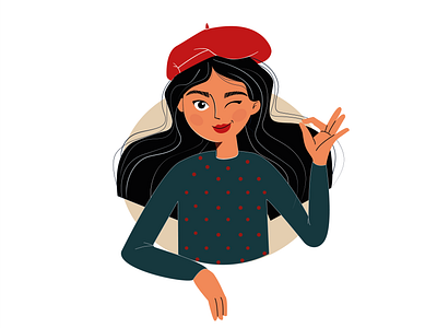 Red beret beret design dribbble flat girl flat people girl hello hello dribbble illustration ok people redhat ui uidesign vector vector girl vector illustration vectors wink winking