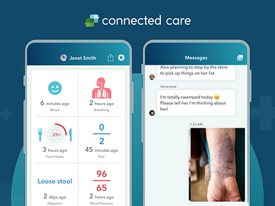 Connected Care: Track a loved one’s well-being and care branding dashboard elder elder care elderly care health tech healthcare logo med tech medical medical tracker messaging mobile mobile app design mobile design tracker ui ux