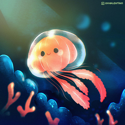 Cute Jellyfish. 🐠 coral cute fish illustration jellyfish kawaii ocean ohvalentino procreate