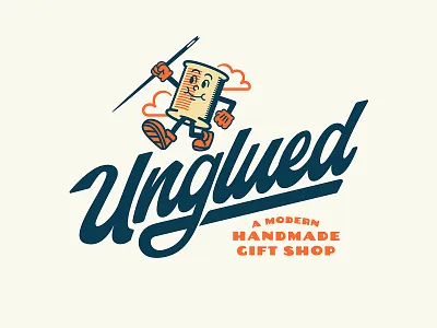 Unglued Gift Shop crafting custom type diy fun gift shop glue lockup logo mascot needle script spool symbol thread