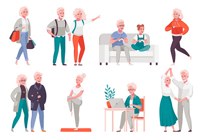 Elderly senior people set cartoon cheerful elderly illustration people relationship senior vector