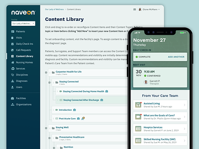 Naveon: Content library management care team content library drag and drop health tech healthcare home health hospice med tech mobile mobile app mobile app design post-acute care recommended content tree ui ux web app web application design