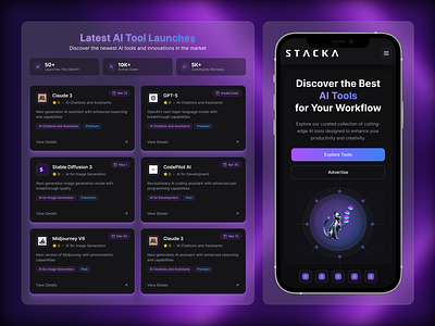 Stacka: The Ultimate AI Tools Hub! ai aiforwork aihub aiproductivity aiworkflow artificialintelligence automationtools branding creativeai figma figmadesign techinnovation uidesign uiux