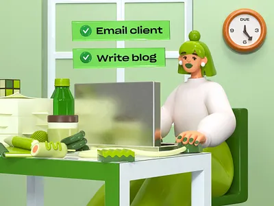 Tasks 3d illustration 3d rendering c4d character design cinema 4d deadline desk environment girl green illustration office productivity room to do work from home
