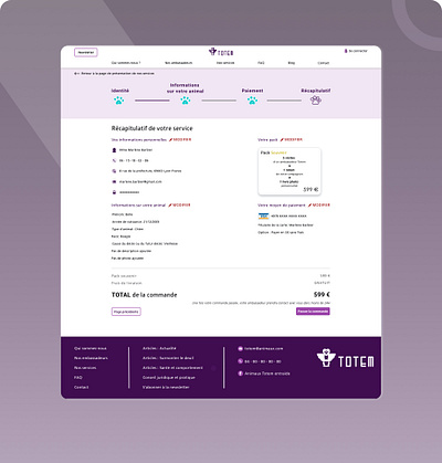 Shopping funnel adobe animal e commerce funnel overview paw pet purple récapitulatif service stepper ui uxdesign webdesign