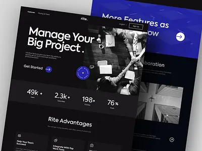 Rite - Project Management Website black branding dark mode dark ui design figma graphic design landing page minimal project manajement task task manajement team project ui uiux website