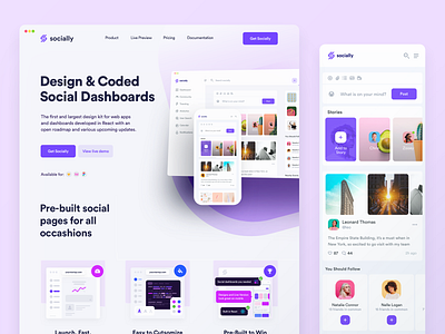 Socially - a modern Social UI kit built in React alex banaga analytics analytics app animation community dashboard design pre built react reactjs social social app socially stats theme trending ui ui kit