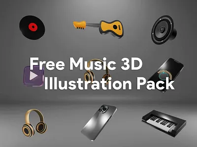 Free Music 3D Illustration Pack 3d asset assets blender branding free freebie guitar headphone icon illustration illustrations iphone kit midi keyboard music pack play record speaker