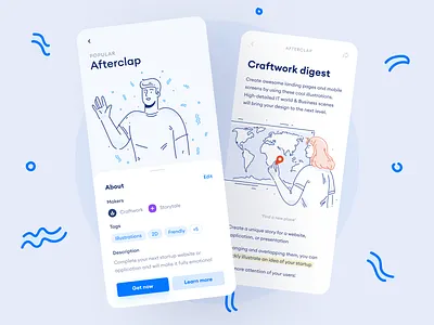 Afterclap Illustrations 💙 afterclap app application blue colorful craftwork design hello illustrations light outline popular product startup ui vector welcome