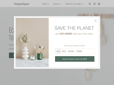 016 Gift Voucher Popup 100daychallenge aesthetic clean dailyui dailyuichallenge day16 discount discountcode discountvoucher ecofriendly minimalist organic overlay phonenumber popup popup window voucher vouchercode website