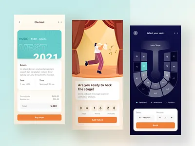 Concert booking app blue chart checkout concert dark event illustration ios ios app landing mobile money party phone profile stage ticket ticket booking website yellow