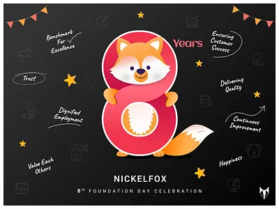 NICKELFOX - 8th Foundation Day 3d 8 art branding celebration color dark mode design exploration figma foundation day fox graphic design hero illustration infinite logo minimal nickelfox vector