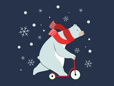 Polar bear on a scooter animal bear christmas design digital illustration flat illustration graphic design illustration polar bear red scarf scooter series bears snow vector winter