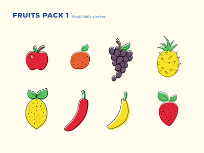 Fruits Pack 1 apple banana cartoon chilli concept design fruit fruits grape icon illustration lemon minimalist orange pineapple strawberry