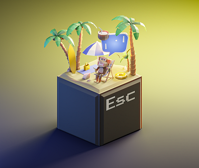 Escape the matrix (Angry Monkey) 3d 3dart 3dillustration 3dmodeling beach blender blender3d chill design diorama illustration isometric low poly lowpoly lowpolyart palms renders stylized travel vacation