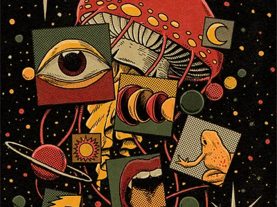 Intergalactic trip art drawing drugs eye frog galaxy illustration ink lsd mushroom planets psychedelic psychedelicart retro space toad vintage