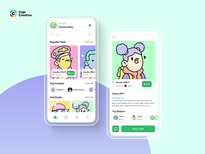 NFTs Doodles App UI Concept app creative design details doodle green home homepage marketplace marketplaces mobile mobileapp nft nft detail nfts ui