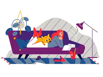 Sweet-sweet home book character color design dog home illustration reading vector