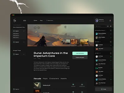 Gaming RPG Dashboard Game Page avatar chat dashboard gaming list navigation panel profile rpg tabs ui