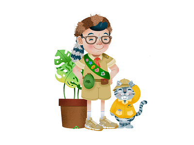 Boy scout cat illustration plants procreate