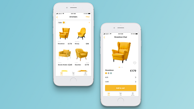 Shopping Experience Exploration buy chair color select ecommerce exploration favorites furniture furniture store interface iphone mockup shopping app shopping cart shopping experience size ui uiux uxdesign wishlist yellow