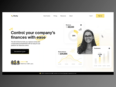 💳Sturby | SaaS Finance Control animation branding company finance fintech graphic design hero home landing page layout modern saas startup ui yellow