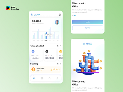 Okko - Crypto Wallet UI Concept app creative crypto design finance graph home page illustration mobile mobile app mobileapp onboarding staking token tokens ui ui kit watchlist