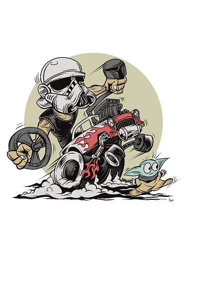 Gasstrooper artwork car cartoon design drag engine garage gasser hand drawn hotwheels illustration ride rider star wars stormtrooper street race themandalorian trooper tshirt art yoda