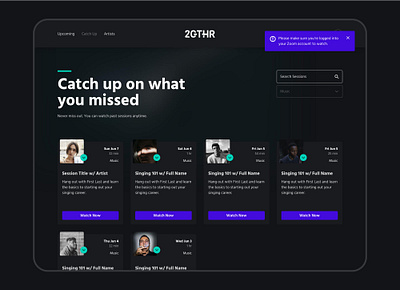 2GTHR - Catch Up page design - UI/UX card ui classes ui dark mode dark ui sessions ui ux video conferencing watch now web design