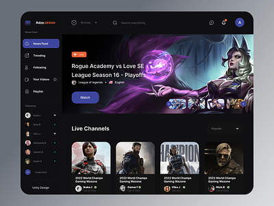 Gaming Stream UI Concept call of duty clean dark dashboard design esports game stream game ui games gaming league of legends live channels live steam movie stream streaming ui ux video video stream