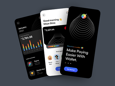 Wallet – Mobile App app banking chart clean dark mode dark theme dashboard illustration minimal mobile mobile app onboarding pay payment typography ui ui design ux ux design wallet